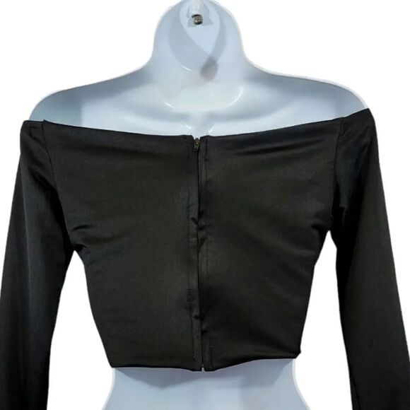 NEW Stretch Satin Bardot Off Shoulder Longsleeve Crop Top in Black Size Small - Picture 6 of 7